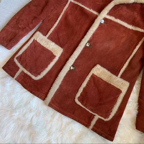 RARE vintage 70s burnt orange genuine suede Sherpa retro coat size XL - Picture 6 of 16
